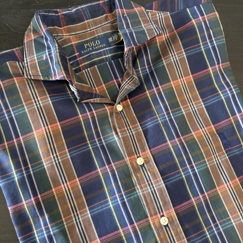 Polo Ralph Lauren Shirt Mens 1XB Tall‎ Brown Plaid Sport Button Up Blue Pony
